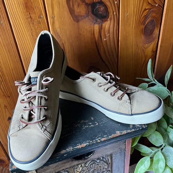 WOMEN'S SPERRY TOP SIDER BOAT SHOES KHAKI CANVAS  LEATHER SHOE STRINGS SZ 7.5 M - Picture 2 of 13